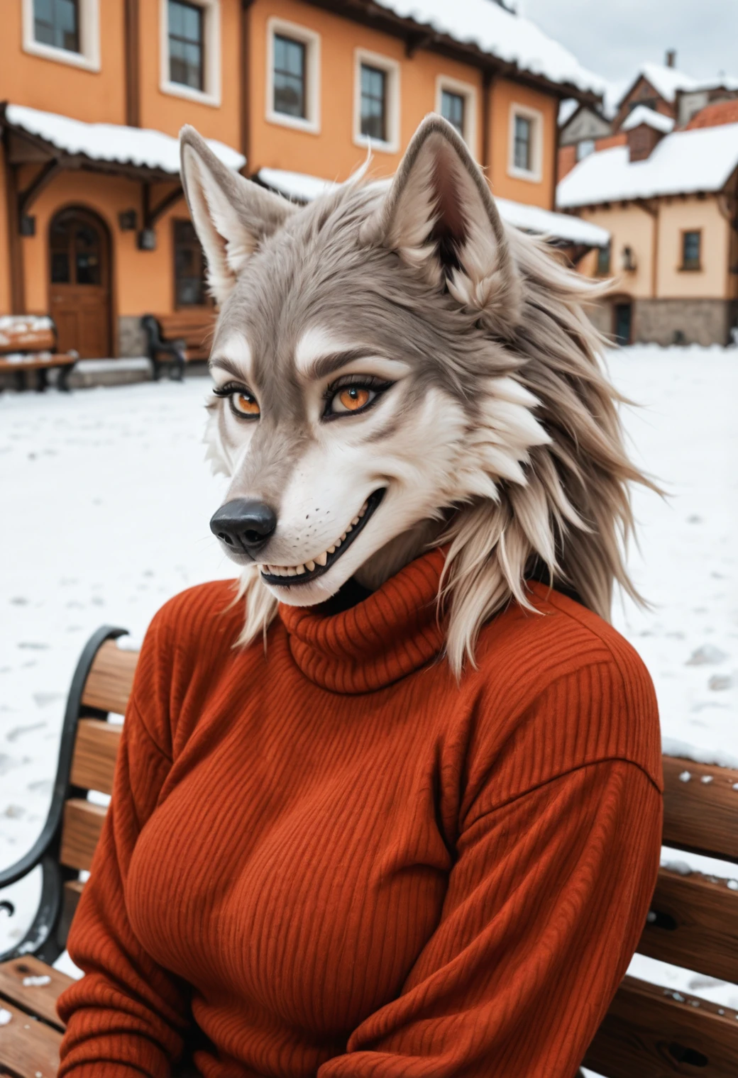 kftenhance, masterpiece, best quality, amazing quality, realistic, 1girl, furry, wolf anthro, female, sweater, outdoors, town, snow, sitting, bench, grinning, upper body, portrait