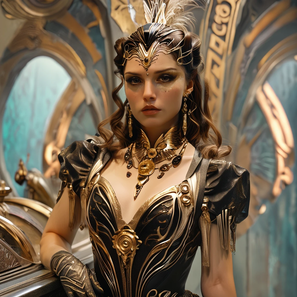 Score_9, score_8_up, score_7_up, score_6_up, BREAK <lora:Arcane_Decopunk_FantasyPony:1> Arcane Decopunk Fantasy, The image shows a woman in a black and gold dress standing in front of a wall with a design on it. Her face is clearly visible with her eyes looking directly at the viewer., 1girl, solo, jewelry, breasts, earrings, gloves, realistic, brown hair, long hair, makeup