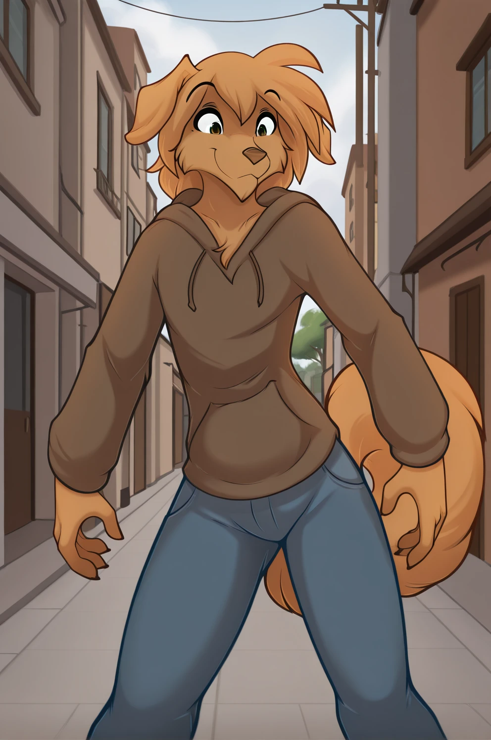 owen lorelei, muscular male, purple eyes, smile, (pose:1.3), (posing:1.3), (soft shading), 4k, hi res, ((detailed face, detailed)), (full body), by zackarry911, by zaush, (by personalami:0.5), jacket, brown jacket, white sleeves,bottomless, NSFW, big long penis, big balls, POV
