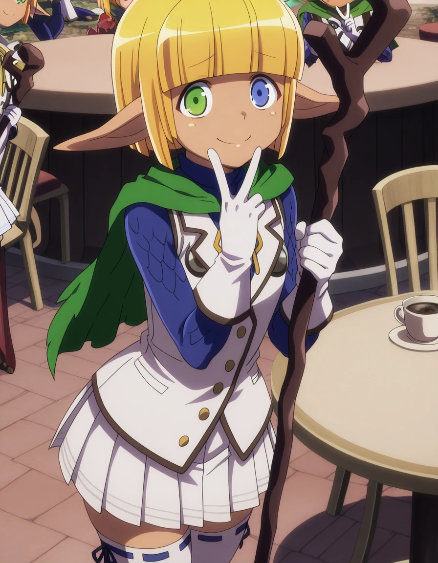 masterpiece, best quality, amazing quality,, <lora:mare-bello-fiore-s1s2-illustriousxl-lora-nochekaiser:1>, mare bello fiore, short hair, bangs, blue eyes, blonde hair, green eyes, pointy ears, blunt bangs, heterochromia, elf, otoko no ko, dark elf, anime screencap, skirt, thighhighs, gloves, pleated skirt, white gloves, cape, white thighhighs, zettai ryouiki, capelet, staff, crossdressing, holding staff,, v, v over mouth, smug,, cafe, coffee, table, chairs, casual, cowboy shot, solo, looking at viewer