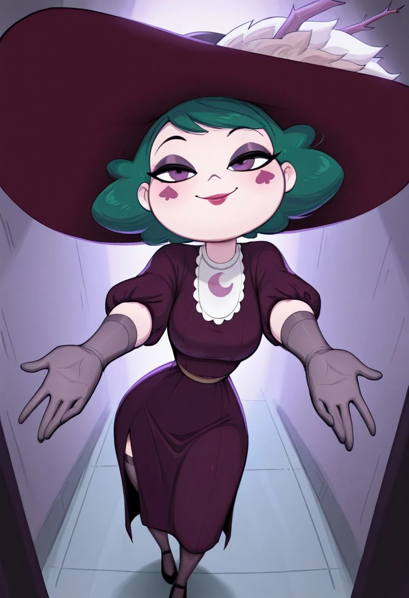 masterpiece, best quality, absurdres, highres, high quality, highly detailed
dynamic angle, foreshortening, 1girl, solo, standing, facing viewer, smiling, portrait, upper body,
Eclipsa, green hair, short hair, purple eyes, makeup, purple eye shadow, lipstick, face markings, gloves, dark purple dress, black shoes, stockings, hat