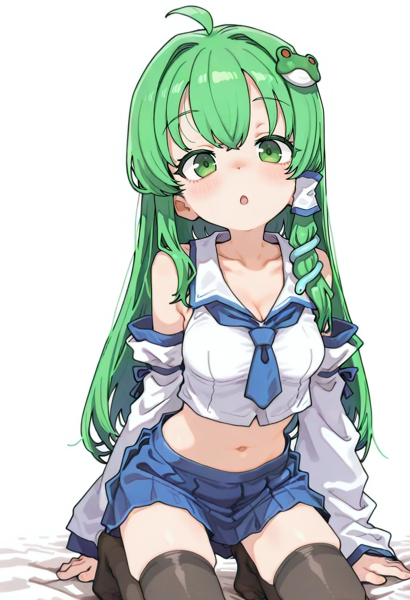 Expressive, score_9, score_8_up, score_9_up, Touhou, masterpiece, high quality, highly detailed, 1girl, kochiya sanae, solo, green hair, long hair, green eyes, long hair, big breasts, blush, round breasts,,,,,, frog hair ornament, hair tubes, snake hair ornament,,,, thin waist, sit on stool, white background,, virgin killer sweater, futanari, big penis under clothes, cum, she covering own face with hands ,