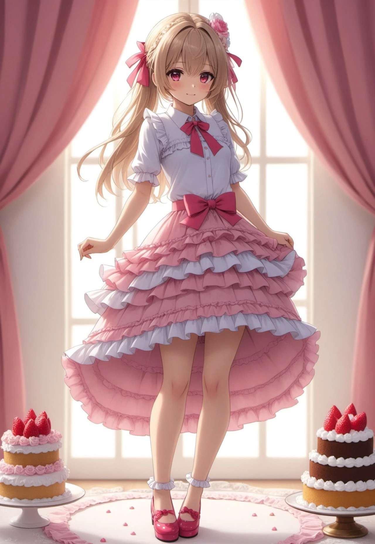 ((fullbody)) (anime) 1girl, cake skirt, cake_skirt, ruffled skirt, tiered skirt, frilled skirt, layered skirt, frilly skirt, ruffles, frills