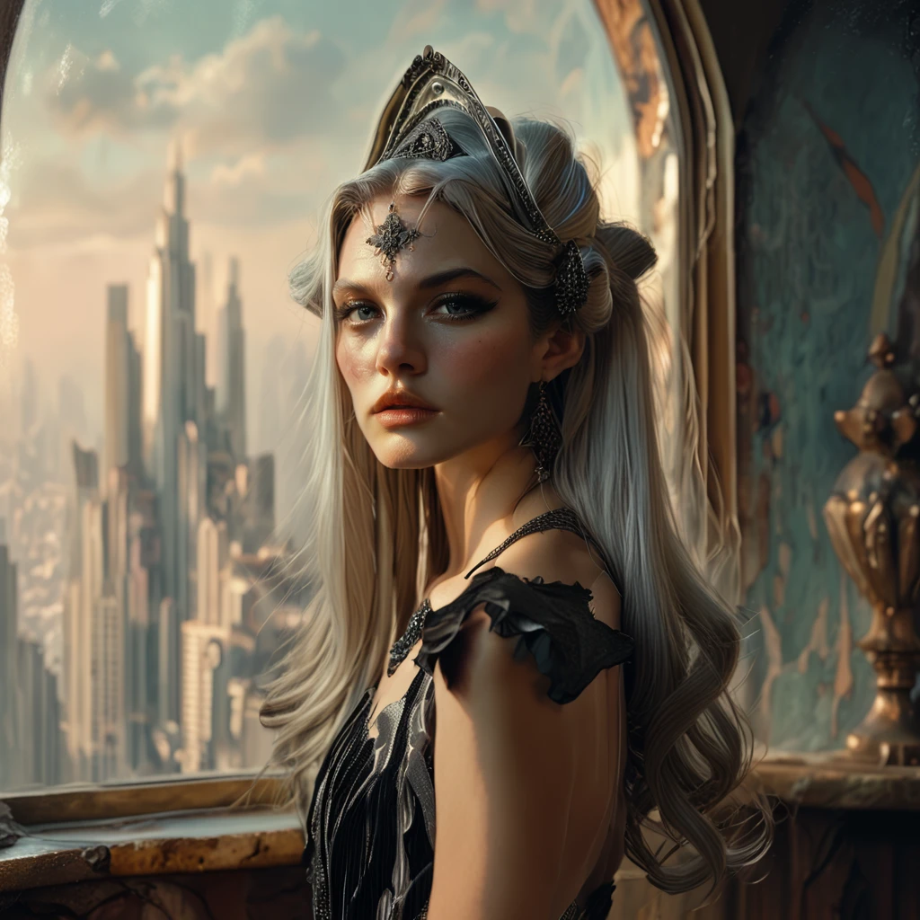 Score_9, score_8_up, score_7_up, score_6_up, BREAK <lora:Arcane_Decopunk_FantasyPony:1> Arcane Decopunk Fantasy, The image shows a woman in a black dress standing in front of a window with a painting of a cityscape in the background. She is wearing a silver dress giving her a regal and majestic look reminiscent of the character from the movie The Witcher 3 Wild Hunt., 1girl, solo, long hair, makeup, lips, realistic, looking at viewer, dress, hair ornament, white hair