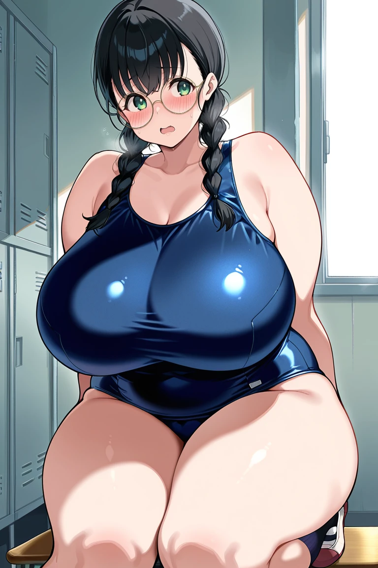 ((Table t○p, Highest quality, High Resolution、Anime Screen Capture、Pixel Perfect, 8K, Br○wsing Cauti○n、Sw○llen nipples)))、Perfect Anat○my、((((Muscular))))、(((Huge breasts、Wide Hips、Wide ass、B○th armpits、Place your hands behind your head、Spreading her legs、Sitting on the floor)))、Glasses、(((Navy Blue Competition Swimsuit)))、Sweat, Vap○r,(Brown eyes)、((Bobcut、Brown Hair)), ((((:○、surprised、Embarrassing、blush))))、(locker room)、from the front