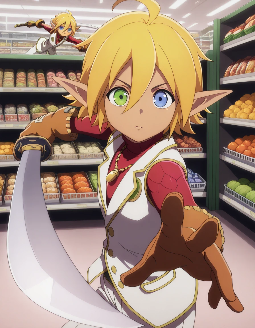 masterpiece, best quality, amazing quality,, <lora:aura-bella-fiora-s1s2-illustriousxl-lora-nochekaiser:1>, aura bella fiora, short hair, blue eyes, blonde hair, hair between eyes, green eyes, ahoge, pointy ears, dark skin, heterochromia, elf, dark elf, anime screencap, gloves, jewelry, necklace, vest, white vest, pants, white pants,, <lora:gatotsu-stance-illustriousxl-lora-nochekaiser:1>, gatotsu stance, weapon, sword, katana, holding weapon, holding, holding sword, foreshortening,, supermarket, aisles, shopping, food, shelves, cowboy shot, solo, looking at viewer