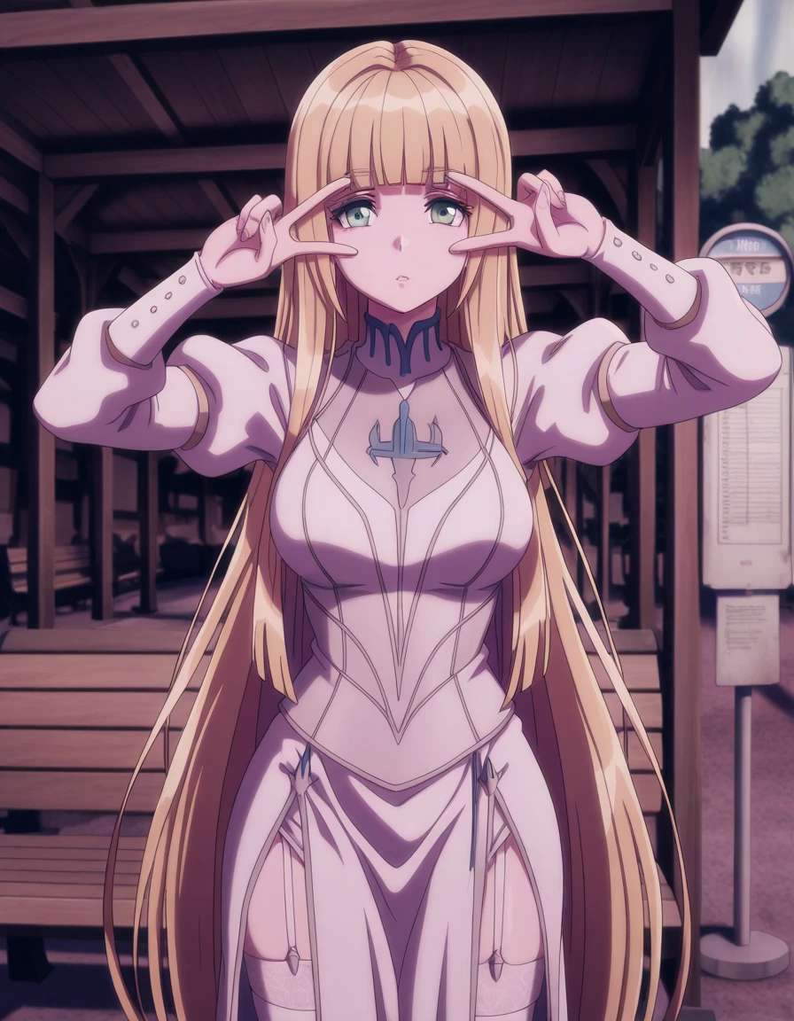 masterpiece, best quality, amazing quality,, <lora:calca-bessarez-movie3-illustriousxl-lora-nochekaiser:1>, calca bessarez, long hair,bangs, blue eyes, blonde hair, very long hair, green eyes, blunt bangs, mature female, medium breasts, anime screencap, thighhighs, dress, white dress, white thighhighs,, v, v over eyes,, bus stop, waiting, benches, shelter, route, cowboy shot, solo, looking at viewer