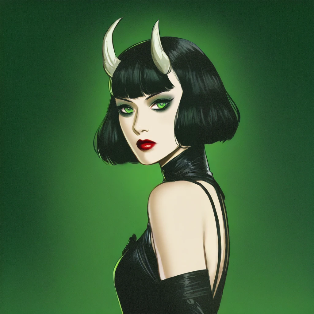 <lora:Arcane_Decopunk_FantasyIllustrious:1> Arcane Decopunk Fantasy, The image shows a woman wearing a black dress with horns on her head set against a green background., green eyes, 1girl, gloves, solo, black hair, horns, elbow gloves, makeup, looking at viewer, red lips