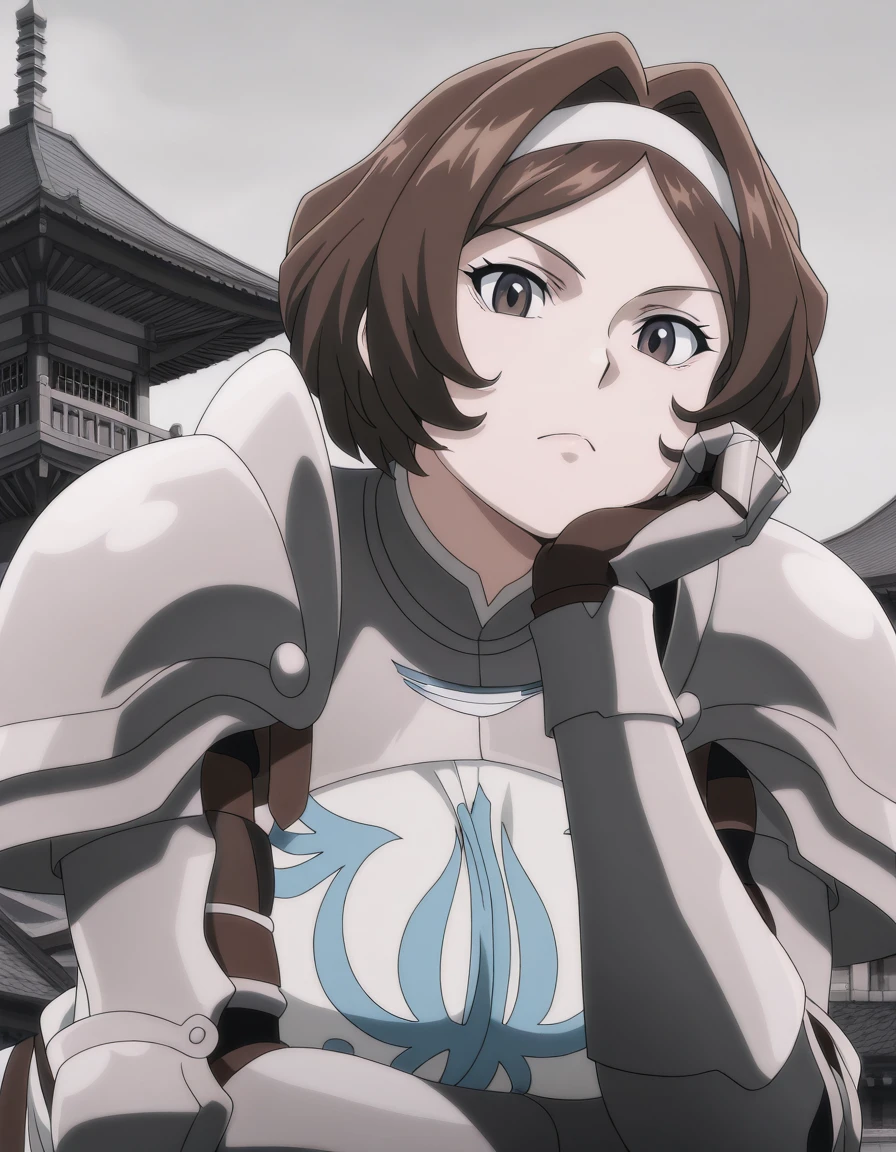 masterpiece, best quality, amazing quality,, <lora:remedios-custodio-movie3-illustriousxl-lora-nochekaiser:1>, remedios custodio, short hair, brown hair, brown eyes, hairband, hair intakes, mature female, breasts, anime screencap, armor, shoulder armor,, head rest, pagoda, tall, tiered, Asian, sacred, cowboy shot, solo, looking at viewer