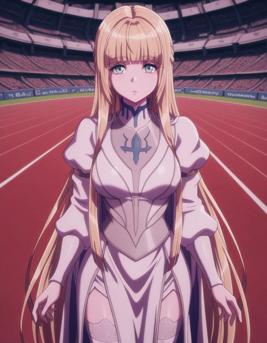 masterpiece, best quality, amazing quality,, <lora:calca-bessarez-movie3-illustriousxl-lora-nochekaiser:1>, calca bessarez, long hair,bangs, blue eyes, blonde hair, very long hair, green eyes, blunt bangs, mature female, medium breasts, anime screencap, thighhighs, dress, white dress, white thighhighs,, from above,, stadium, seats, field, game, large, cowboy shot, solo, looking at viewer
