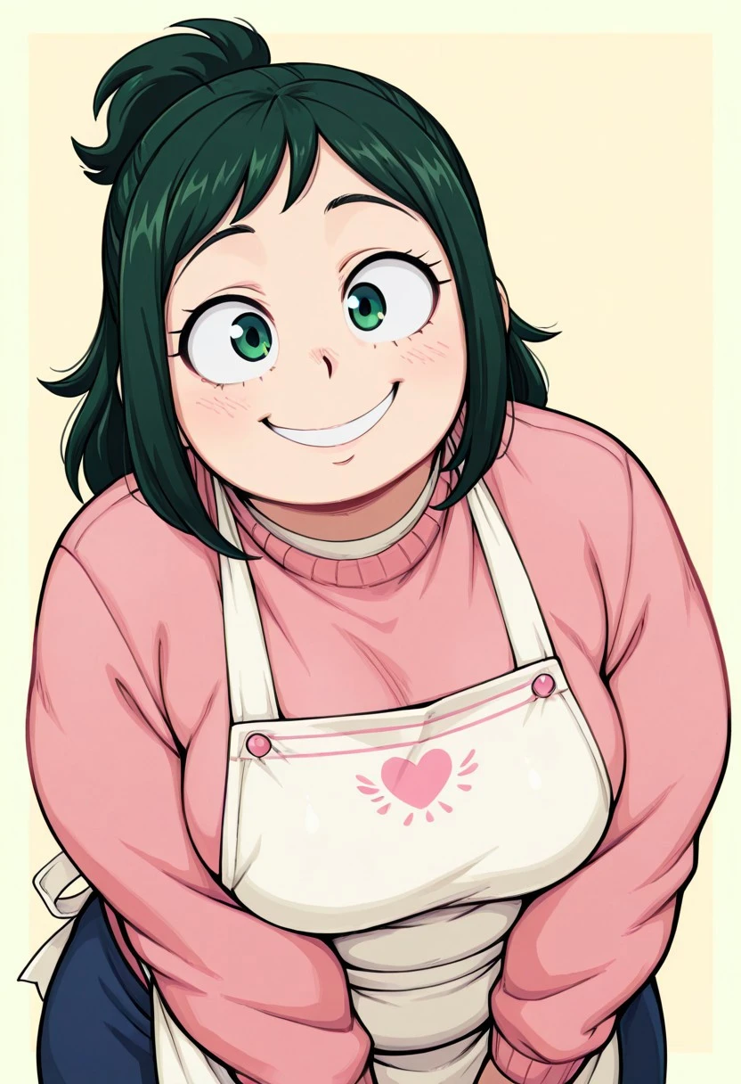 masterpiece, best quality, absurdres, highres, high quality, highly detailed
dynamic angle, foreshortening, 1girl, solo, standing, facing viewer, smiling, portrait, upper body,
slightly chubby, thick, plump, green hair, green eyes, ponytail, skirt, pink sweater, apron, inkomidoriyaILL