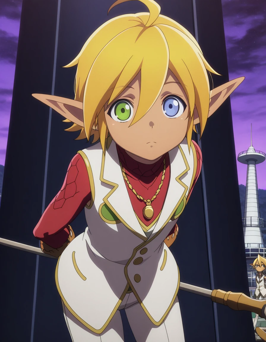 masterpiece, best quality, amazing quality,, <lora:aura-bella-fiora-s1s2-illustriousxl-lora-nochekaiser:1>, aura bella fiora, short hair, blue eyes, blonde hair, hair between eyes, green eyes, ahoge, pointy ears, dark skin, heterochromia, elf, dark elf, anime screencap, gloves, jewelry, necklace, vest, white vest, pants, white pants,, hands behind back, bent over,, control tower, high, air_traffic, windows, staff, cowboy shot, solo, looking at viewer