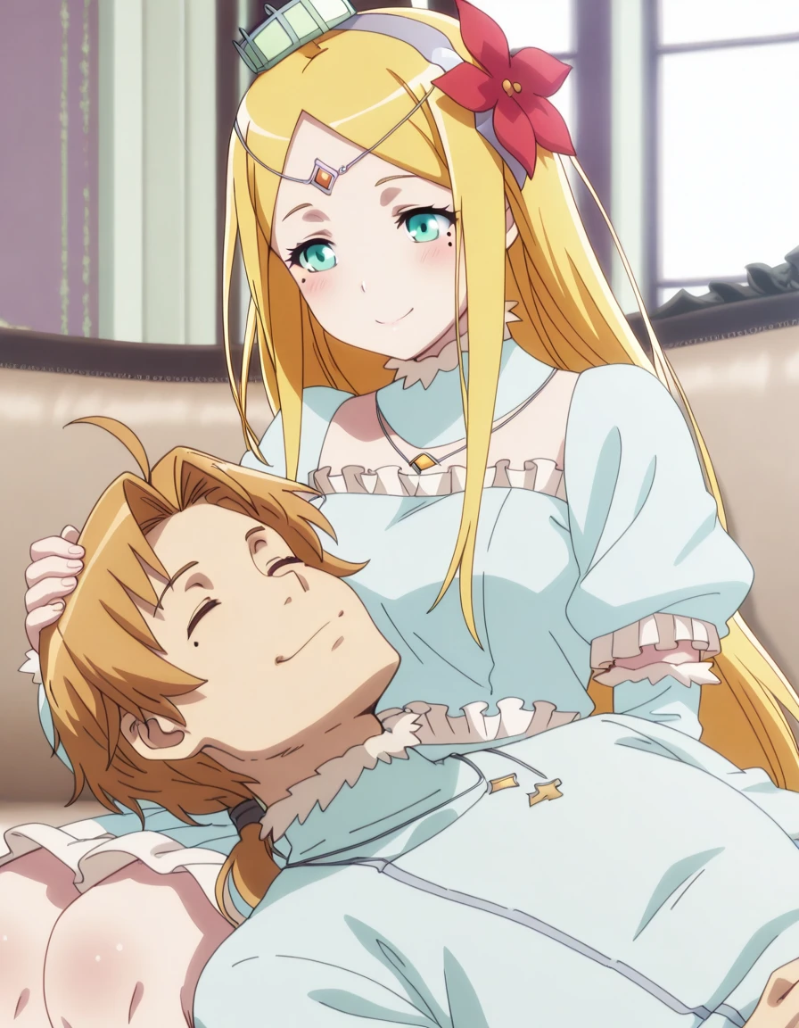 masterpiece, best quality, amazing quality,, <lora:renner-theiere-chardelon-ryle-vaiself-s2-illustriousxl-lora-nochekaiser:1>, renner theiere chardelon ryle vaiself, long hair, blue eyes, blonde hair, hair ornament, very long hair, flower, hair flower, mature female, small , anime screencap, <lora:lap-pillow-illustriousxl-lora-nochekaiser:1>, lap pillow, sitting, closed eyes, hetero, lying, on back, looking at another, sleeping, hand on another's head, blush, smile, knees, on couch, <lora:rudeus-greyrat-illustriousxl-lora-nochekaiser:1> rudeus greyrat, long hair, brown hair, 1boy, ponytail, ahoge, green eyes, mature male, mole, mole under eye