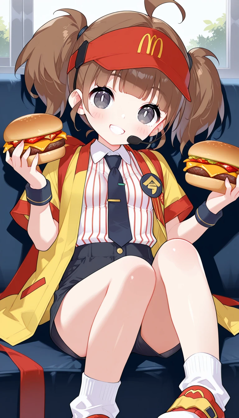 (masterpiece),best quality,amazing quality,very aesthetic,absurdres,newest,perfect body,shiny skin,perfect eyes,detail1eye,well-defined fingers,well-defined fingernails,anime style,indoors,1girl,solo,upper body,(portrait:1.5),looking at viewer,facing viewer,smile,blush,aged down,Saru style,bright pupils,Double Cheese,ahoge,headset,visor cap,red headwear,long hair,brown hair,short twintails,blunt bangs,black eyes,employee uniform,yellow jacket,open jacket,black necktie,collared shirt,white shirt,vertical-striped shirt,badge,short sleeves,wristband,holding food,hamburger,medium breasts,shirt tucked in,black shorts,short shorts,thighs,white socks,sneakers,<lora:Double Cheese(mcdonald's)-Illus:1.6>,