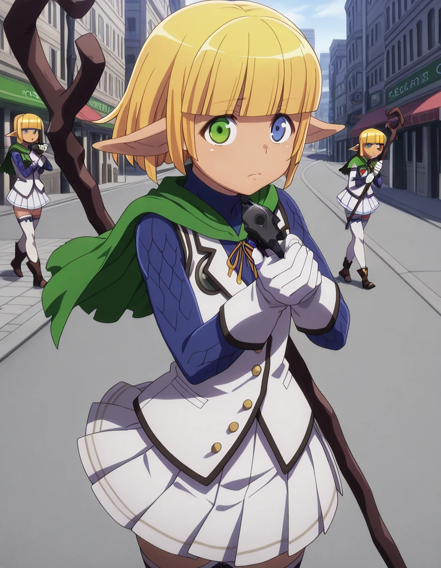 masterpiece, best quality, amazing quality,, <lora:mare-bello-fiore-s1s2-illustriousxl-lora-nochekaiser:1>, mare bello fiore, short hair, bangs, blue eyes, blonde hair, green eyes, pointy ears, blunt bangs, heterochromia, elf, otoko no ko, dark elf, anime screencap, skirt, thighhighs, gloves, pleated skirt, white gloves, cape, white thighhighs, zettai ryouiki, capelet, staff, crossdressing, holding staff,, <lora:center-axis-relock-stance-illustriousxl-lora-nochekaiser:1>, center axis relock stance, looking at viewer, holding, closed mouth, weapon, holding weapon, gun, holding gun, handgun, aiming, finger on trigger, aiming at viewer, m1911,, sidewalk, pedestrians, city, street, walking, cowboy shot, solo, looking at viewer