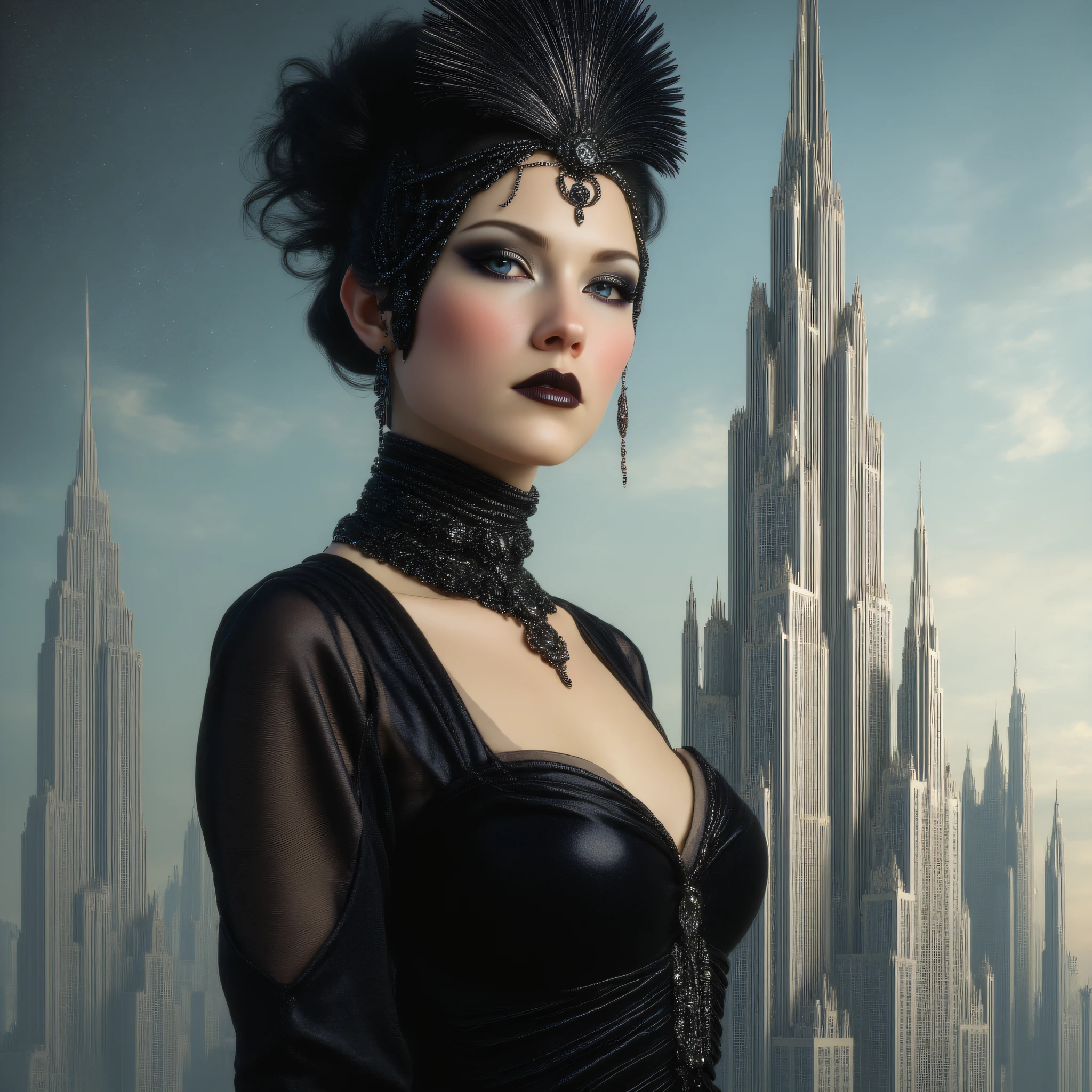 Arcane Decopunk Fantasy, The image shows a woman in a black dress standing in front of a city skyline with a skyscraper in the background., 1girl, solo, black hair, realistic, jewelry, black eyes, earrings, city, makeup, building