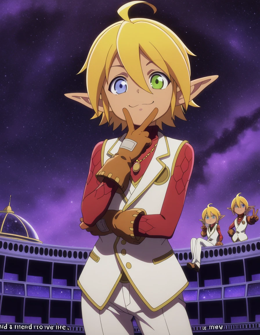 masterpiece, best quality, amazing quality,, <lora:aura-bella-fiora-s1s2-illustriousxl-lora-nochekaiser:1>, aura bella fiora, short hair, blue eyes, blonde hair, hair between eyes, green eyes, ahoge, pointy ears, dark skin, heterochromia, elf, dark elf, anime screencap, gloves, jewelry, necklace, vest, white vest, pants, white pants,, v, v over mouth, smug,, planetarium, stars, sky, seats, dome, cowboy shot, solo, looking at viewer