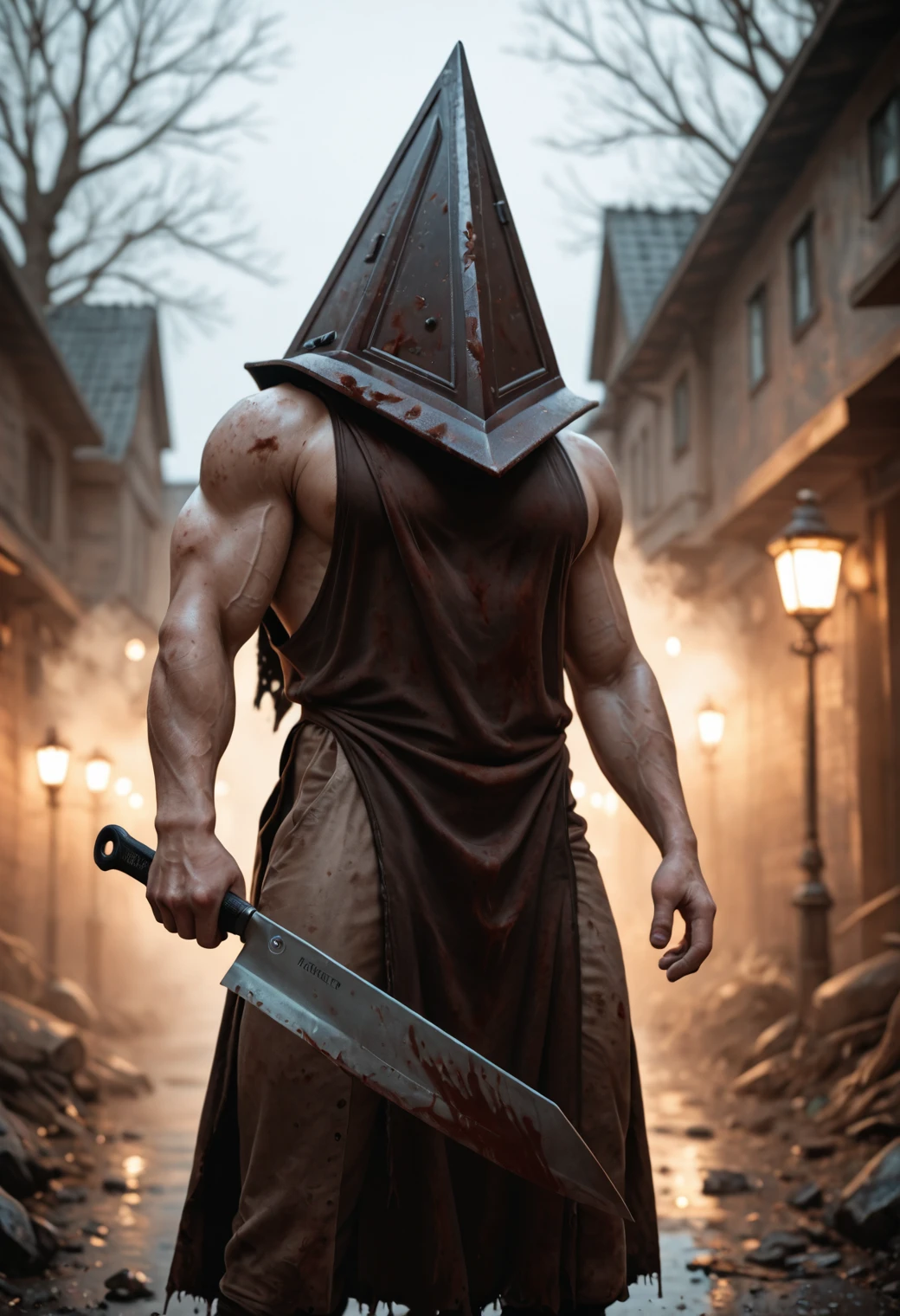 kftenhance, masterpiece, best quality, amazing quality, very aesthetic, high resolution, absurdres, newest, photorealistic, realistic, 1boy, bara, Pyramid Head (Silent Hill), holding absurdly large knife