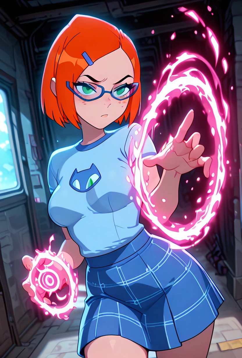 <lora:gwennerd-10:1> gwennerd, 1girl, solo, medium breasts, glasses, orange hair, short hair, hairclip, blue-framed eyewear, blue shirt, shirt over skirt, t-shirt, short sleeves, freckles, blue skirt, plaid skirt, green eyes, big mouth, <lora:WeaponSpellBindIL:1> spell bind, pink powers, masterpiece, best quality, amazing quality, very aesthetic, absurdres, newest,