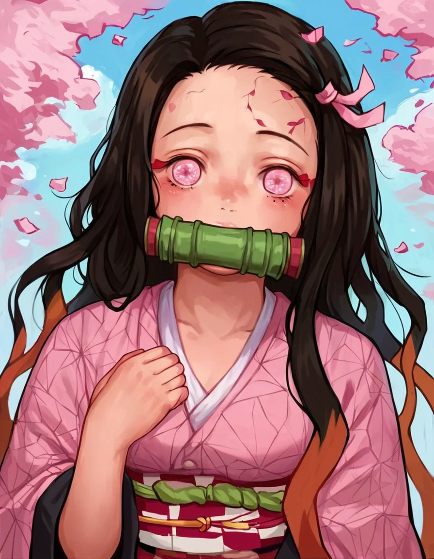 kamado nezuko, 1girl, bit gag, horns, single horn, veins, gag, long hair, black hair, cracked skin, breasts, pink eyes, cleavage, ribbon, hair ribbon, gagged, looking at viewer, multicolored hair, solo focus, upper body, pink ribbon, shirt, blood, bamboo, pink shirt, solo, short sleeves, collarbone --style 1 --preset 3, ((medium quality)), ((medium quality))