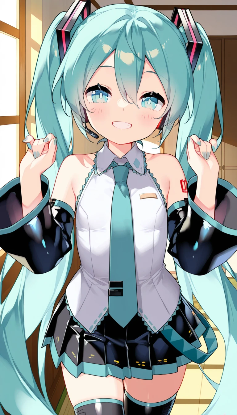 (masterpiece),best quality,amazing quality,very aesthetic,absurdres,newest,perfect body,shiny skin,perfect eyes,detail1eye,well-defined fingers,well-defined fingernails,anime style,indoors,1girl,solo,upper body,(portrait:1.5),looking at viewer,facing viewer,smile,blush,aged down,Saru style,bright pupils,hatsune miku,absurdly long hair,aqua hair,twintails,hair ornament,sidelocks,hair between eyes,parted bangs,aqua eyes,white shirt,collared shirt,bare shoulders,sleeveless shirt,aqua necktie,detached sleeves,black sleeves,shoulder tattoo,fringe,miniskirt,pleated skirt,zettai ryouiki,black thighhighs,thigh boots,<lora:Hatsune Miku(voc)-Illus-Remake:1.6>,