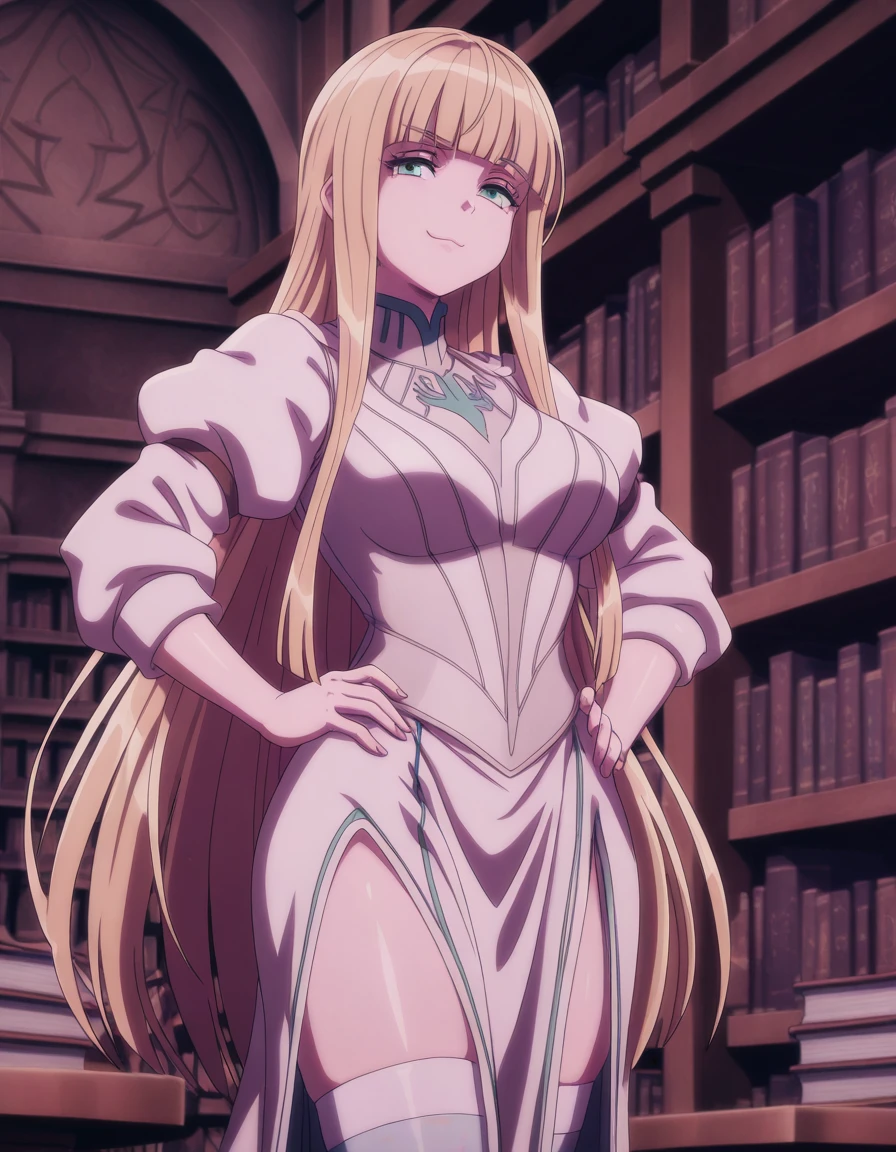 masterpiece, best quality, amazing quality,, <lora:calca-bessarez-movie3-illustriousxl-lora-nochekaiser:1>, calca bessarez, long hair,bangs, blue eyes, blonde hair, very long hair, green eyes, blunt bangs, mature female, medium breasts, anime screencap, thighhighs, dress, white dress, white thighhighs,, smug, hands on own hip,, library, shelves, books, tables, quiet, cowboy shot, solo, looking at viewer
