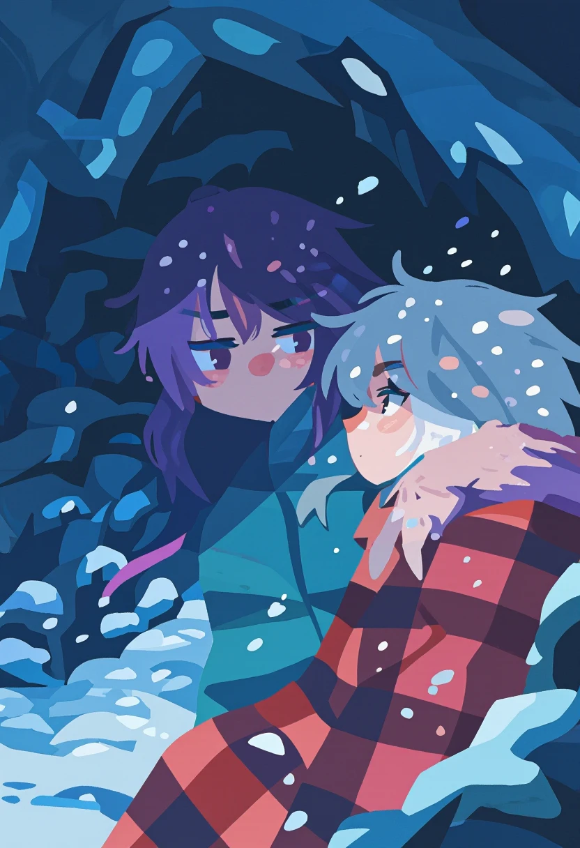 flat color, no lineart, blending, negative space, artist:[ponsuke kaikai|hara id 21|takarai shunsuke], hair between eyes, purple hair, white hair, cave, breath, cold, blanket, from side, looking at another, nose blush, leaning on person, outdoors, snow, partially obscured, scenery, sitting,
masterpiece, best quality, very aesthetic, absurdres