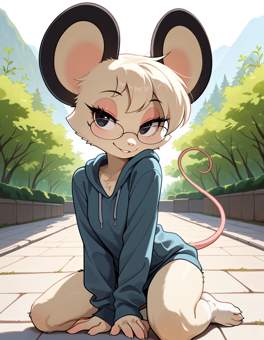 masterpiece, best quality, very aesthetic, absurdres,
outdoors,
full body, seductive smile, parted lips, long eyelashes,
<lora:Tamy_v01_NAIXL:1>
T4my,1girl,solo,furry,furry female,mouse girl,short hair,mouse ears,black eyes,glasses,animal nose,body fur,white fur,mouse tail,
