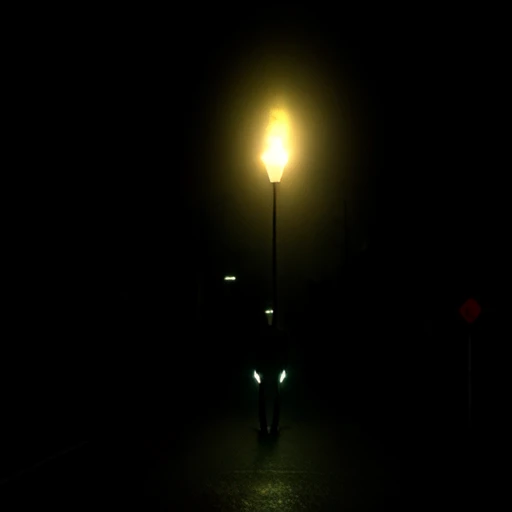 <lora:Oddly_terrifying:0.9>, terrifying, solo, realistic, dark, dim lighting, long road, standing, looking at viewer, detailed background, black background, extra arms, full body, silhouette, lamppost, night, shadow, skull