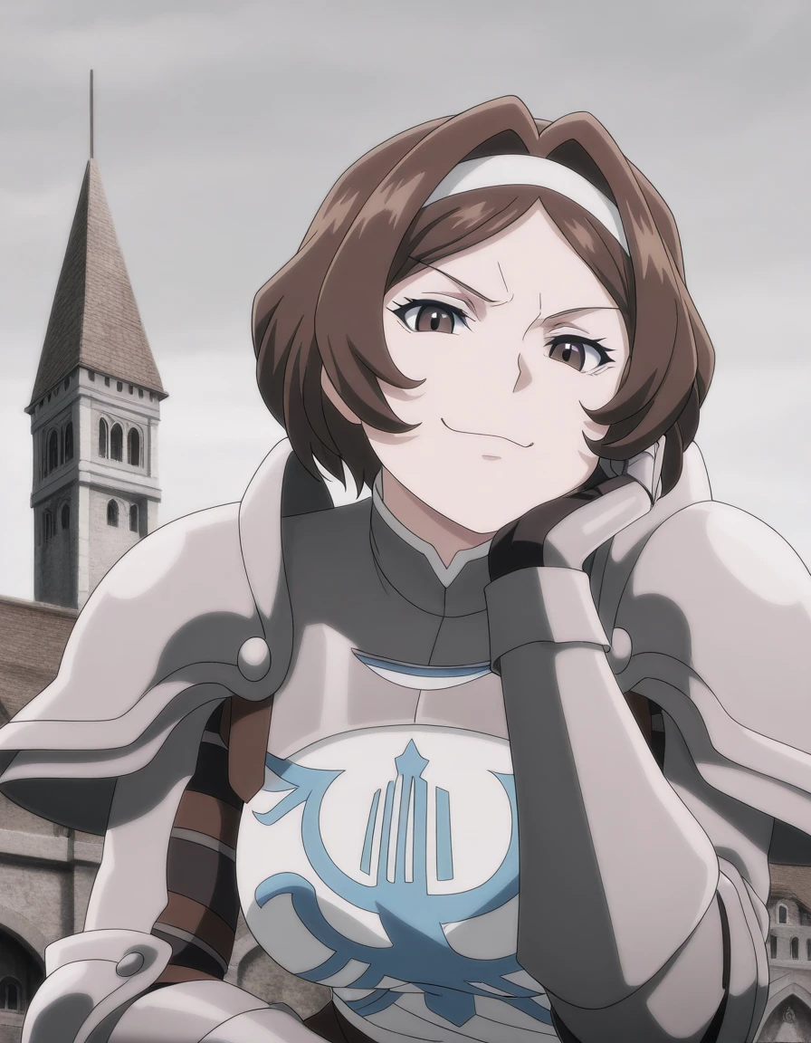 masterpiece, best quality, amazing quality,, <lora:remedios-custodio-movie3-illustriousxl-lora-nochekaiser:1>, remedios custodio, short hair, brown hair, brown eyes, hairband, hair intakes, mature female, breasts, anime screencap, armor, shoulder armor,, head rest, smug, tower, tall, height, view, structure, cowboy shot, solo, looking at viewer