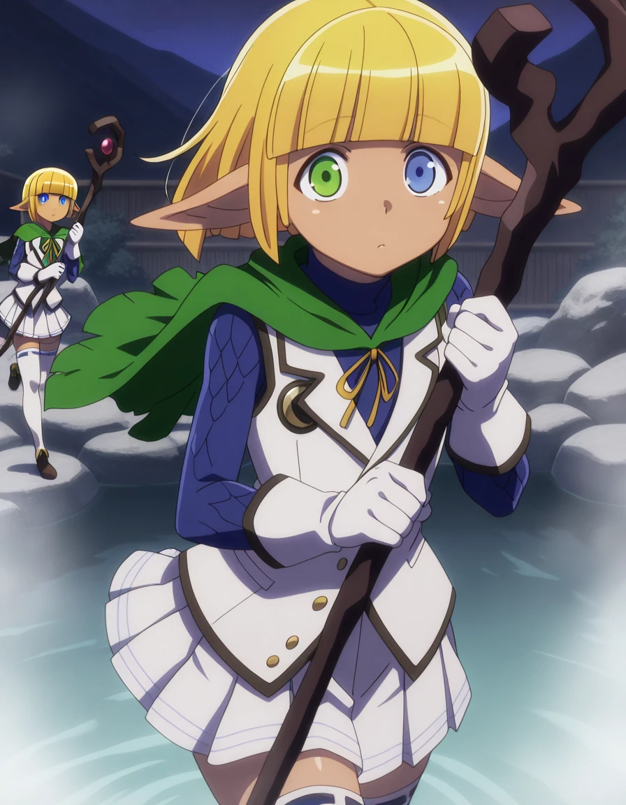 masterpiece, best quality, amazing quality,, <lora:mare-bello-fiore-s1s2-illustriousxl-lora-nochekaiser:1>, mare bello fiore, short hair, bangs, blue eyes, blonde hair, green eyes, pointy ears, blunt bangs, heterochromia, elf, otoko no ko, dark elf, anime screencap, skirt, thighhighs, gloves, pleated skirt, white gloves, cape, white thighhighs, zettai ryouiki, capelet, staff, crossdressing, holding staff,, <lora:dynamic-pose-illustriousxl-lora-nochekaiser:1>, dynamic pose, kicking, cowboy shot, onsen, hot_spring, steam, relaxation, traditional, cowboy shot, solo, looking at viewer