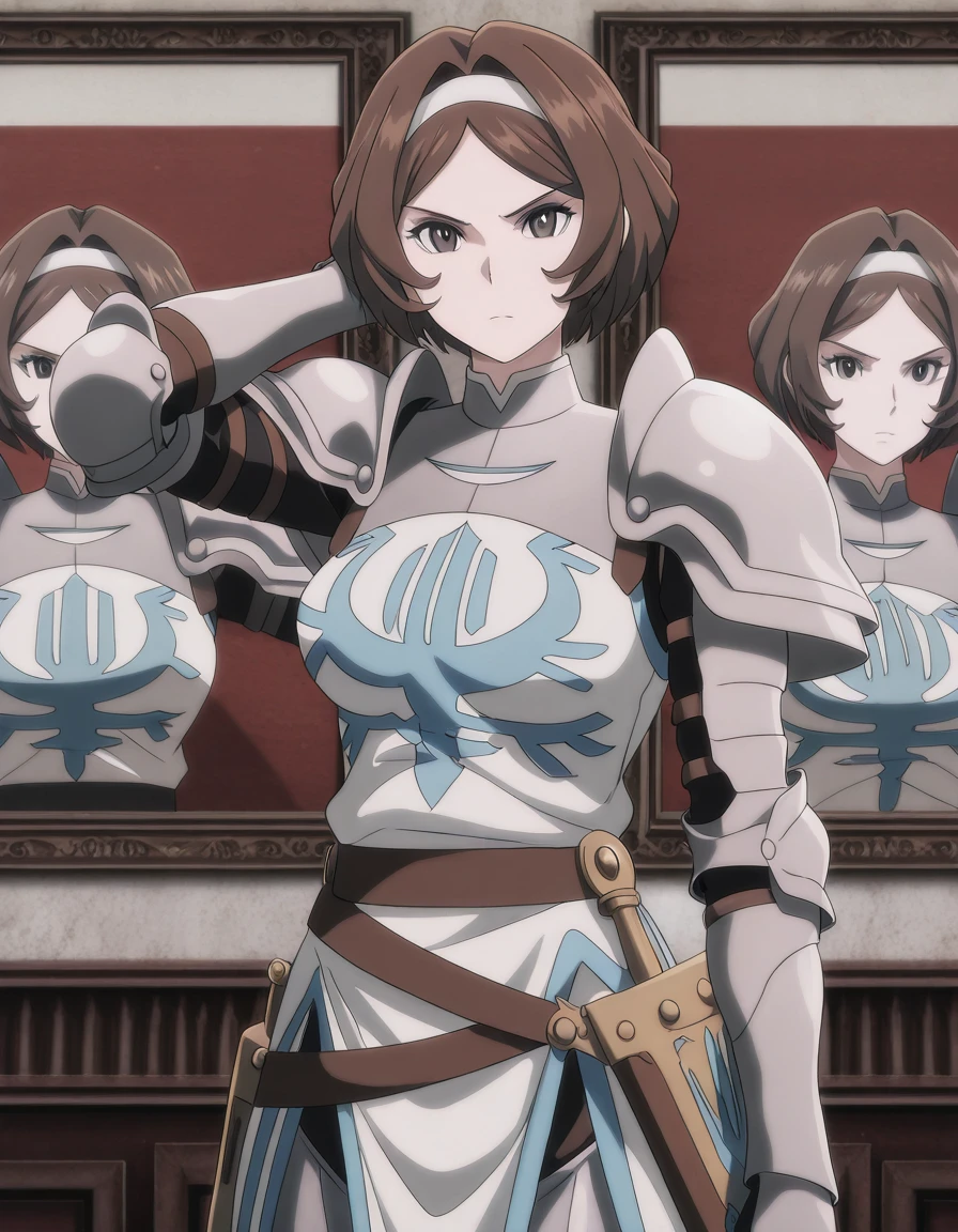 masterpiece, best quality, amazing quality,, <lora:remedios-custodio-movie3-illustriousxl-lora-nochekaiser:1>, remedios custodio, short hair, brown hair, brown eyes, hairband, hair intakes, mature female, breasts, anime screencap, armor, shoulder armor,, hand behind head, , art gallery, paintings, sculptures, exhibits, quiet, cowboy shot, solo, looking at viewer