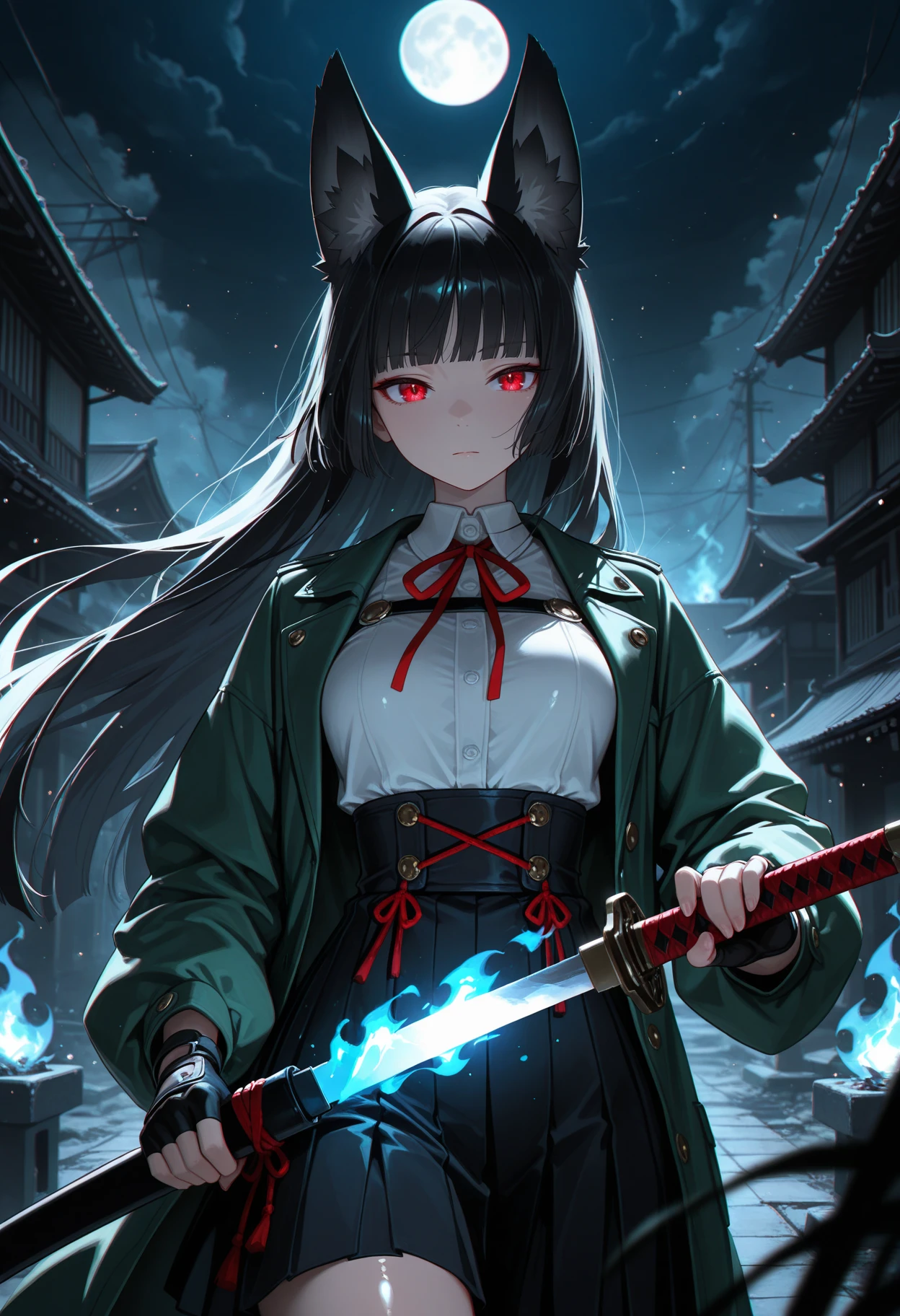 masterpiece, best quality, amazing quality, very aesthetic, absurdres, highres, newest, HDR, 8K, high detail, intricate details, smooth shading, glossy surfaces, subtle lighting, luster, high contrast, shiny skin,
1girl, solo, 1girl, hoshimi miyabi, red eyes, black hair, blunt bangs, animal ears, facing viewer, fire, fox ears, fox girl, green jacket, shirt, skirt, high-waist skirt, fingerless gloves, gloves, holding sword, holding weapon, moon, night, full moon, blue fire, unsheathing, dark theme, (chromatic aberration, polarized:1.2), blurry foreground, lighting, particles, cinematic composition, mist, wind fog, ill-omened aura, naturel shadow,