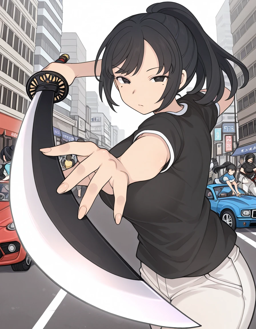 masterpiece, best quality, amazing quality,, <lora:chikako-murazawa-manga-illustriousxl-lora-nochekaiser:1>, chikako murazawa, black hair, ponytail, mole, mole under eye, mature female, breasts,, shirt, short sleeves, pants, white pants, <lora:gatotsu-stance-illustriousxl-lora-nochekaiser:1>, gatotsu stance, weapon, sword, katana, holding weapon, holding, holding sword, foreshortening,, street, cars, buildings, city, people, cowboy shot, solo, looking at viewer