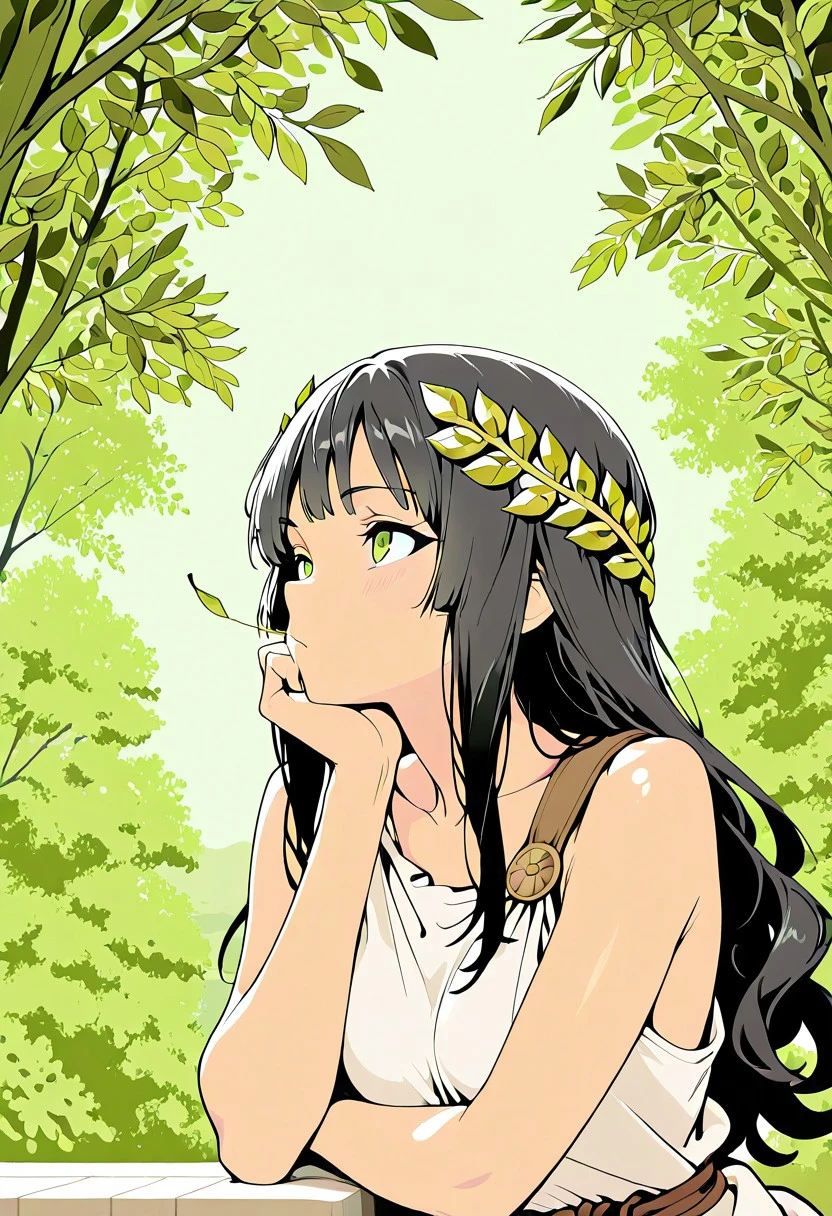 flat colors, masterpiece, best quality, amazing quality,
1girl, solo, girl, black hair, green eyes, upper body,
long hair, looking afar, head rest, white Toga, bronze shoulder pins, brown string belt, green leafy laurel
balcony above the green olive tree canopy, pale green sky,outdoors, green olive trees,lit torches, falling leaves