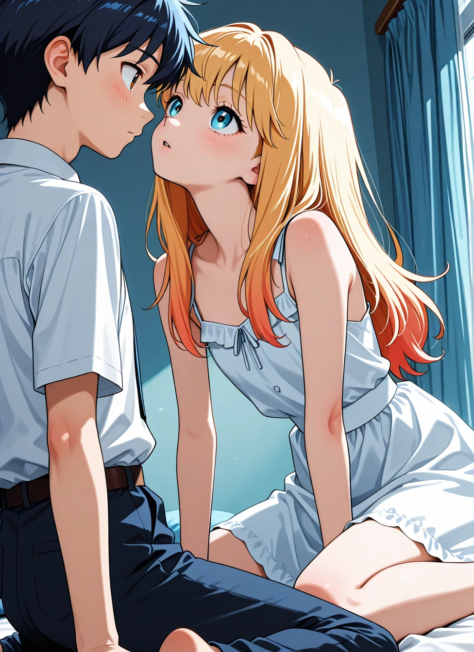 1girl, sleeveless dress, looking at another, 1boy, <BREAK> , masterpiece, best quality, absurdres, highres, very aesthetic, high quality, detailed, insanely detailed, beautiful, very awa, anime screencap, , f(rom below, cowboy shot, dutch angle, sitting, wariza, w-legs, kneeling, leaning forward, looking at another, looking up, head tilt),