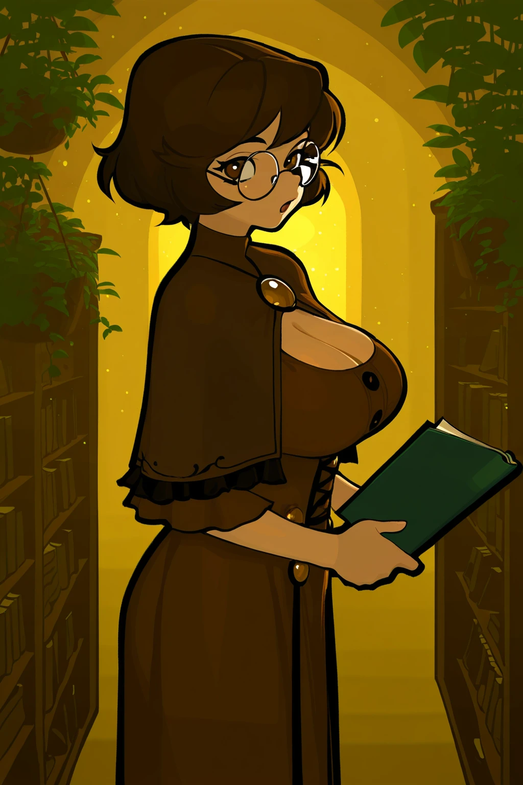 masterpiece, best quality, absurdres, 1girl, solo, brown hair, short hair, round eyewear, brown eyes, :o, library, dimly lit, light particles, hanging plant, brown capelet, brown dress, holding book, looking at viewer, from side, large breasts, cleavage cutout, buttons, layered dress, frilled capelet, black trim
