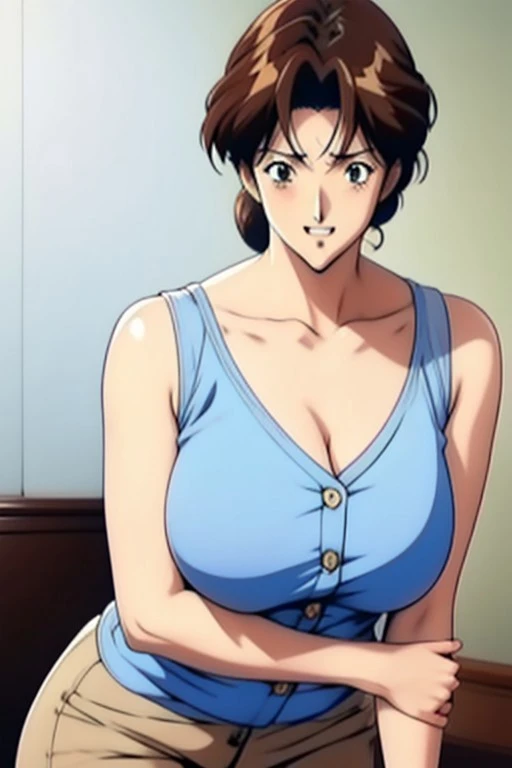 looking at the camera、When I Look at You、lookatviewer、Anime Style、Eroge、1 Girl, (Huge breasts), (Tight white camisole dress)、Low Angle、Brown haired, hair band、Bob Hair、The forehead is visible、blush,The whole body is visible:1.5、Long skirt、stand、From the side:1.5