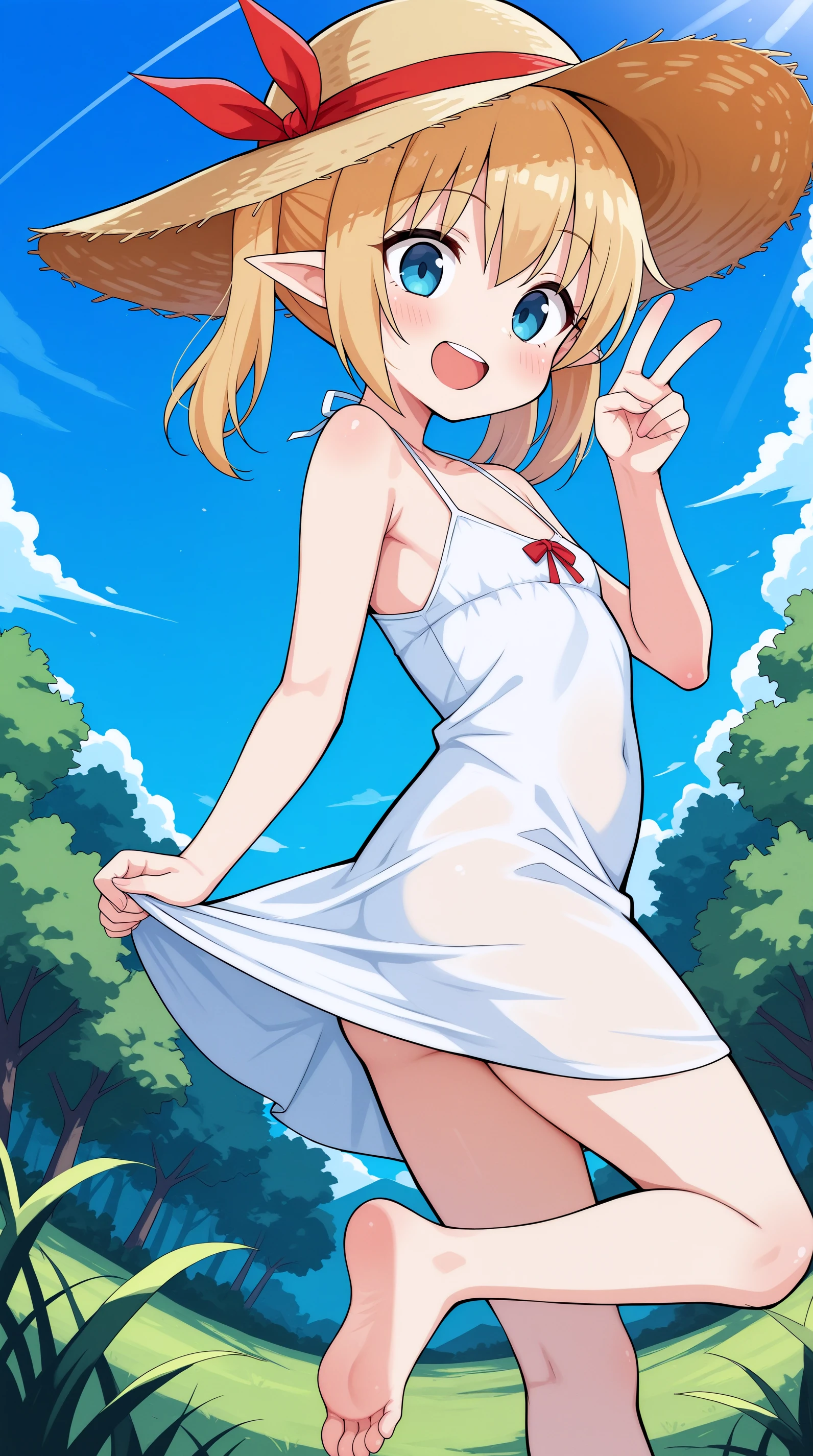 1 girl, sdsElaine, by rubio, yellow eyes, Swimsuit, small breasts, ashamed, shy, hard nipples, White socks
