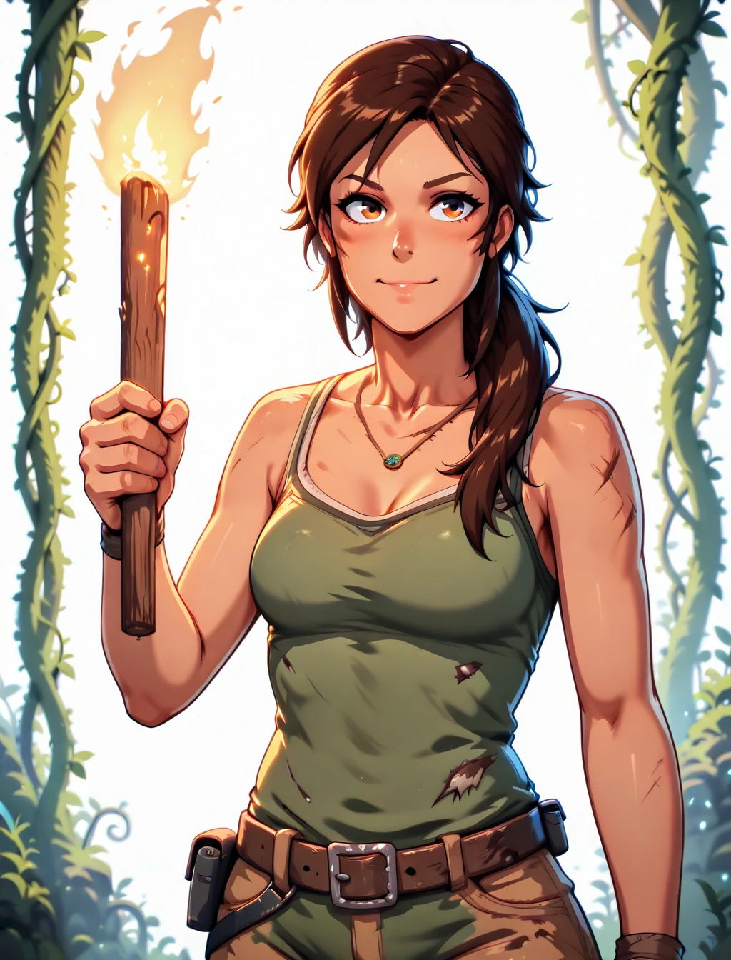 (best quality, masterpiece1.2), (detailed eye:1.2), complex detail, depth of field, 1girl, jungle, crop top, angry, sweat, brownhair, exploration, embarrassed, backpack, tomb raider inspiration, lara croft, gun strap to leg, action, dynamic, (fire), Bullets flying
