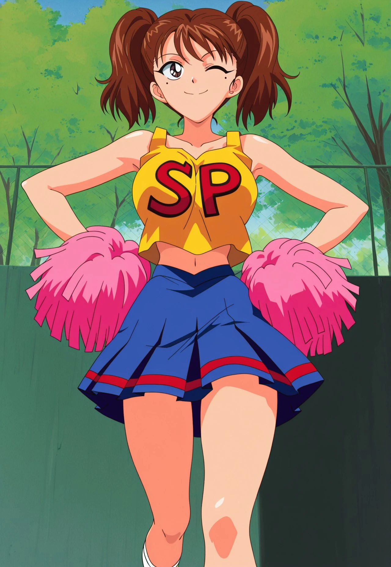 score_9, score_8_up, score_7_up, score_6_up, score_5_up, score_4_up, BREAK, source_anime, anime screencap, anime coloring, PokemonStyle, pokemon \(anime\), pokemon \(classic anime\), 1girl, solo, perfect anatomy, breasts, Serena \(pokemon\), smile, looking at viewer, navel, (gym uniform, short sleeves, white shirt, shirt-in, under sized micro blue buruma, zettai ryouiki white thighhighs), sagging huge_breasts, tarechichi, erect nipples, thigh gap, indoor, double v, squatting, open legs, (unshaven hairy natural public hair:1.3)