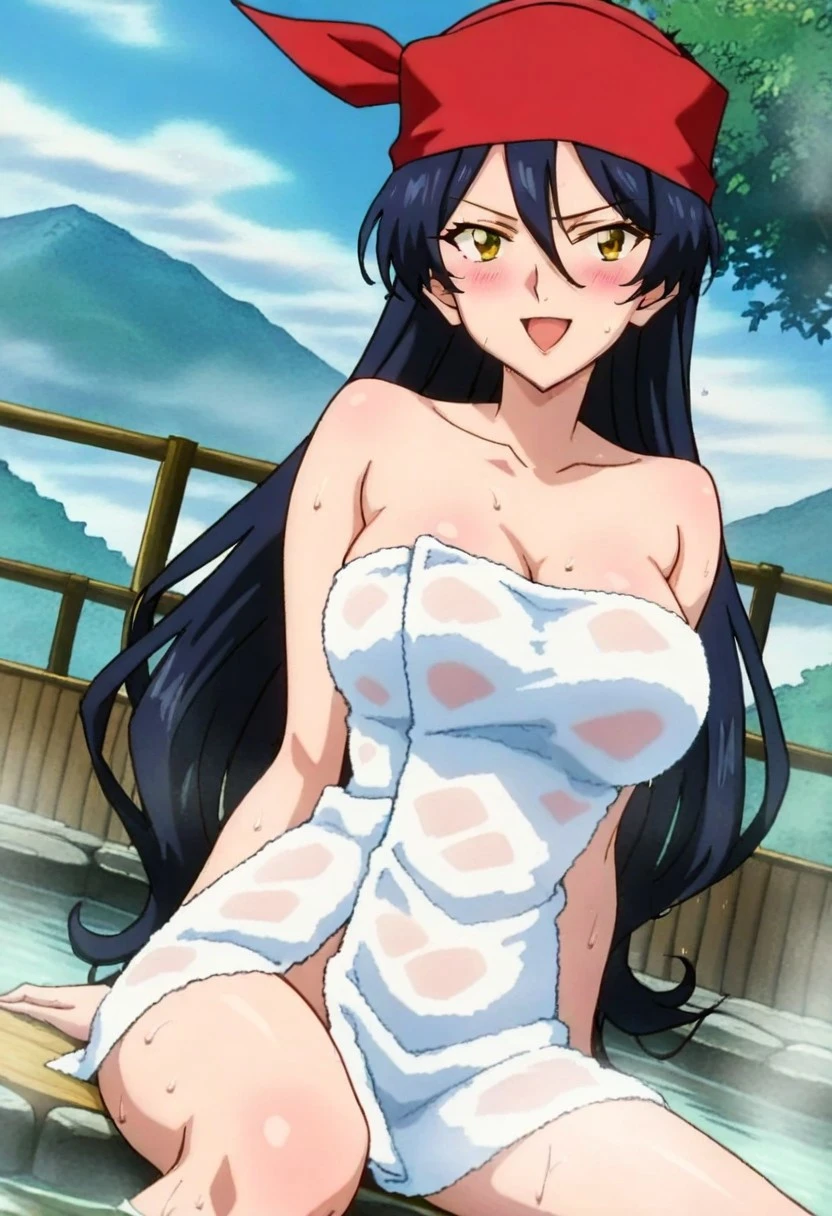 ((highest quality)), ((masterpiece)), (detailed), (16k high definition anime), Anatomically perfect body,Himari Noihara, 1girl,One girl、Perfect Face、Cute face、Beautiful Face、smile、Beautifully detailed eyes、blue eyes、Black Hair、Long Hair、ponytail、Red ribbon、(Large Breasts:1.5)、Beautiful cleavage、(bra、See-through:1.9、Nipples and areola), (panties、See-through:1.9、Female genitalia), Smooth body lines、Wide hips、Big ass、High Body、Beautiful long legs、Lying、With legs wide open、Beautiful pose、View your viewers、Bedroom Background、Above-the-knee photos