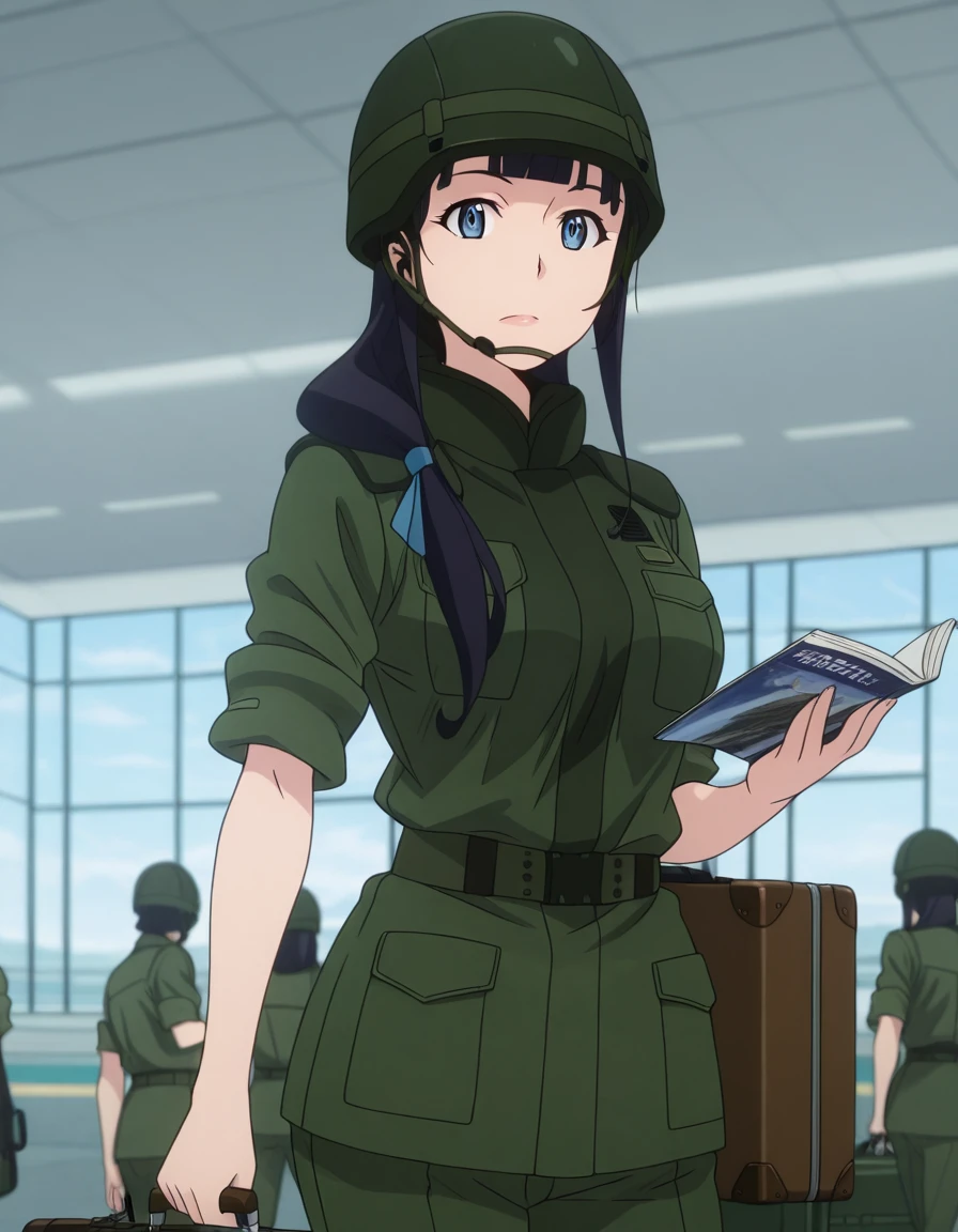 masterpiece, best quality, amazing quality,, <lora:mari-kurokawa-s1s2-illustriousxl-lora-nochekaiser:1>, mari kurokawa, long hair, bangs, blue eyes, black hair, ribbon, hair ribbon, blue ribbon, hair over shoulder, mature female, medium breasts, anime screencap, uniform, military, military uniform, helmet, sleeves rolled up, headset,, <lora:dynamic-pose-illustriousxl-lora-nochekaiser:1>, dynamic pose, incoming attack, cowboy shot, airport, waiting area, suitcase, flight delayed, passengers, reading book, cowboy shot, solo, looking at viewer