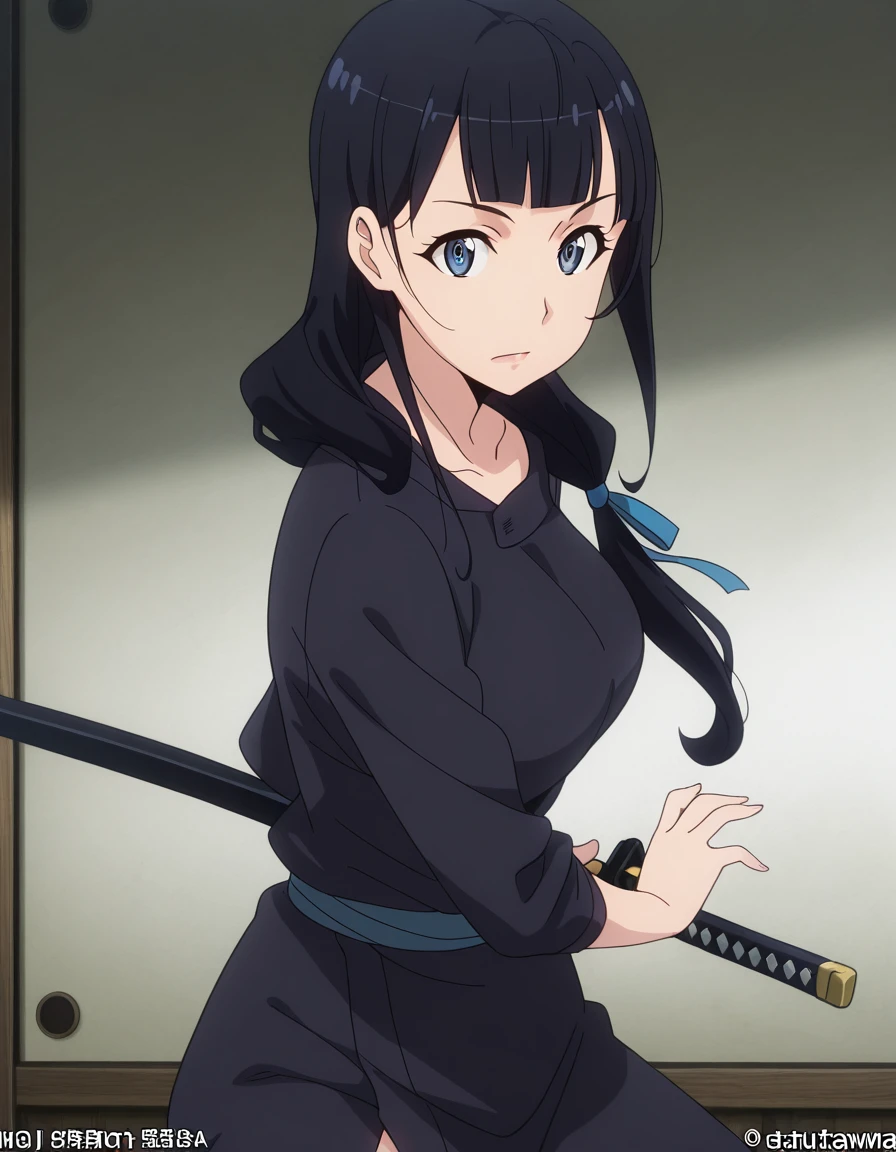 masterpiece, best quality, amazing quality,, <lora:mari-kurokawa-s1s2-illustriousxl-lora-nochekaiser:1>, mari kurokawa, long hair, bangs, blue eyes, black hair, ribbon, hair ribbon, blue ribbon, hair over shoulder, mature female, medium breasts, anime screencap, <lora:battoujutsu-stance-illustriousxl-lora-nochekaiser:1>, battoujutsu stance, looking at viewer, holding, weapon, sword, holding weapon, holding sword, standing, katana, sheath, sheathed, fighting stance, ready to draw,