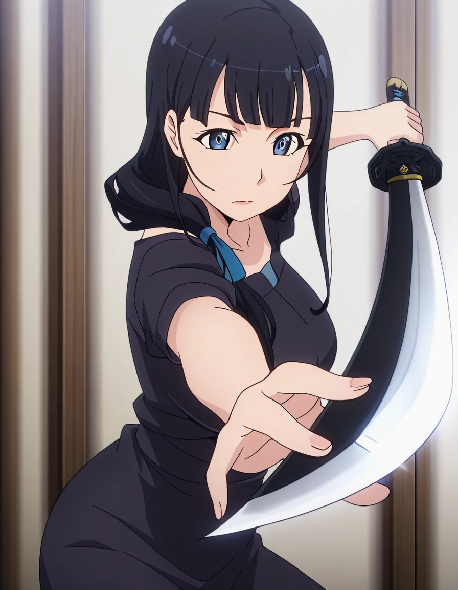 masterpiece, best quality, amazing quality,, <lora:mari-kurokawa-s1s2-illustriousxl-lora-nochekaiser:1>, mari kurokawa, long hair, bangs, blue eyes, black hair, ribbon, hair ribbon, blue ribbon, hair over shoulder, mature female, medium breasts, anime screencap, <lora:gatotsu-stance-illustriousxl-lora-nochekaiser:1>, gatotsu stance, weapon, sword, katana, holding weapon, holding, holding sword, foreshortening,,