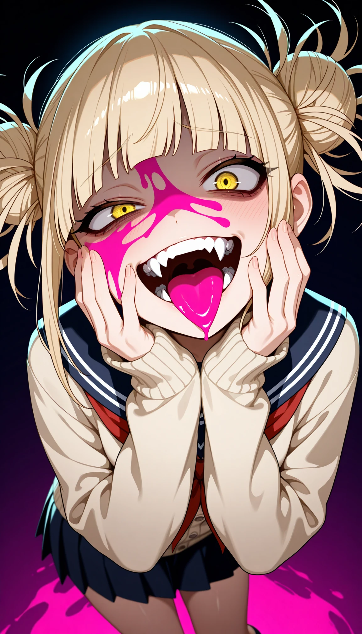 rim light, masterpiece, best quality, amazing quality, very aesthetic, high resolution, ultra-detailed, absurdres, newest, scenery, dark, 1girl, toga himiko, glowing yellow eyes, crazy eyes, wide-eyed, very big eyes, sanpaku, (uneven eyes:1.2), (raised inner eyebrows:1.2), crazy smile, shaded face, teeth, fangs, (open mouth:1.2), tongue out, lip licking, double bun, (blood covering face, face covered with blood, pink blood:1.4), (hands on own cheek:1.2), school uniform, sleeves past wrists, from above, looking up, pinning down viewer, (dutch angle:1.2), head tilt, twisted torso, leaning forward, (pink:0.7) colorful background, backlighting, wide shot, fisheye, BREAK, hands, fingers, mouth, tongue, ears, detailed tongue, extremely detailed, extremely detailed eyes, delicate hair, shiny skin, volumetric lighting