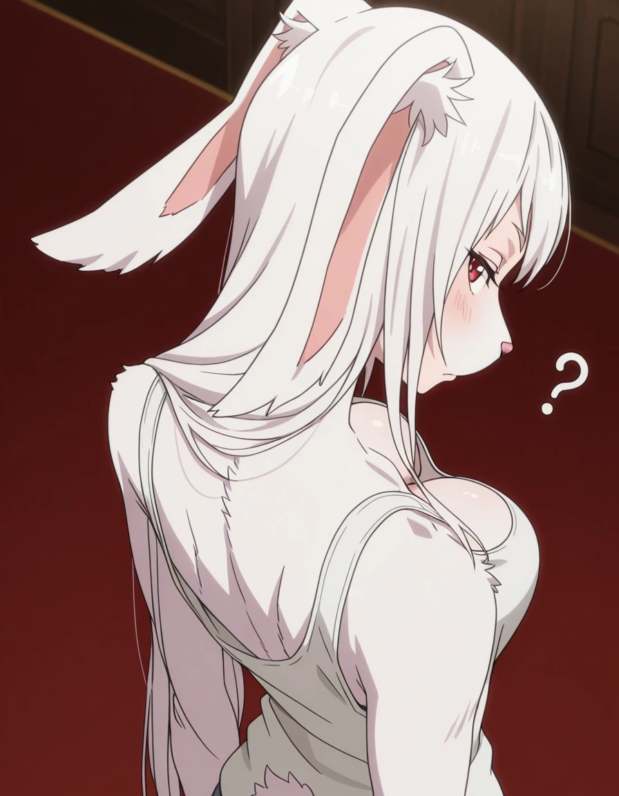masterpiece, best quality, amazing quality,, <lora:tyuule-s2-illustriousxl-lora-nochekaiser:1>, tyuule, long hair, animal ears, white hair, rabbit ears, red eyes, fur, furry, body fur, white fur, mature female, medium breasts, anime screencap, <lora:downblouse-from-behind-illustriousxl-lora-nochekaiser:1>, downblouse from behind, downblouse, from behind, blush, tank top, white tank top, cleavage, from above, nape, head down, looking at viewer, looking back, looking up, sideways glance, ?,
