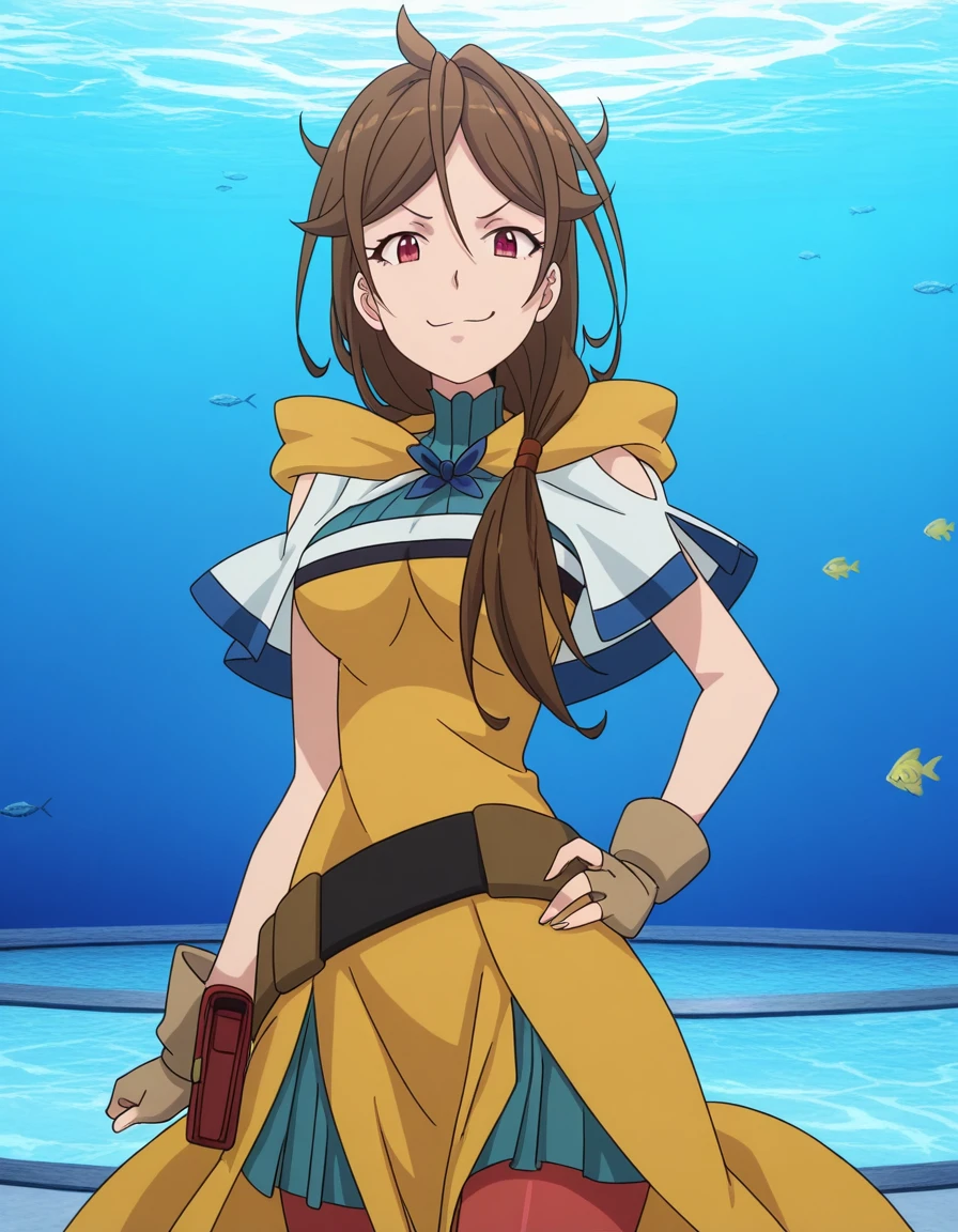 masterpiece, best quality, amazing quality,, <lora:arpeggio-el-lalena-s2-illustriousxl-lora-nochekaiser:1>, arpeggio el lalena, long hair, brown hair, red eyes, hair over shoulder, mature female, medium breasts, anime screencap, gloves, pantyhose, brown gloves, red pantyhose, robe, dress, belt, fingerless gloves, capelet,, smug, hand on own hip,, aquarium, water, fish, tanks, blue, cowboy shot, solo, looking at viewer