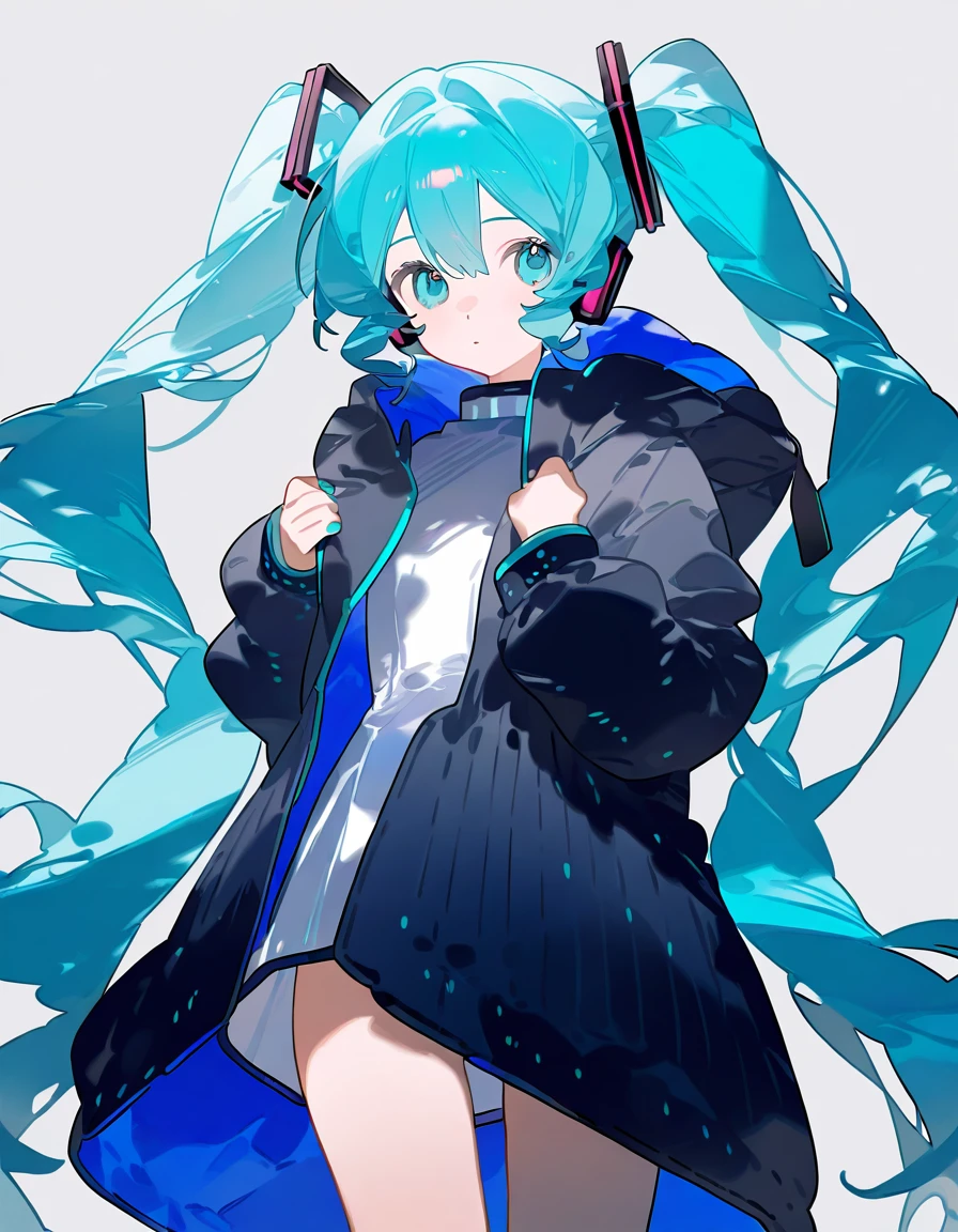 1girl,solo,simple background,<lora:rhodesisland suit-000022:1>,alternate costume,rhodesisland suit,coat,hatsune miku,, masterpiece, best quality, very aesthetic, absurdres,newest, incredibly absurdres,