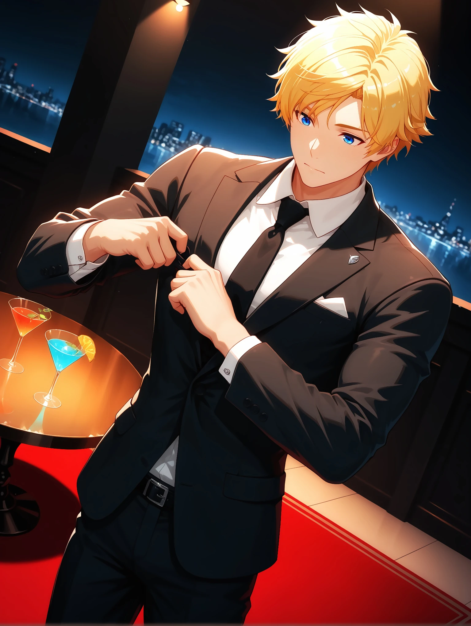 masterpiece, very aesthetic, best quality, amazing quality, dynamic angle, solo, 25 years old, imtdjaunearcil, 1boy, male, masculine, fit body, toned, blonde hair, blue eyes, short hair, cowboy shot, elegant, suit, collared shirt, tie, hands on tie, fixing tie, black suit, black pants, black belt, elegant setting, cocktail table, standing, cocktails, night, black walls, red carpet, detailed background